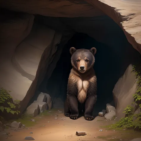 A bear cub alone in a big cave. Hes scared