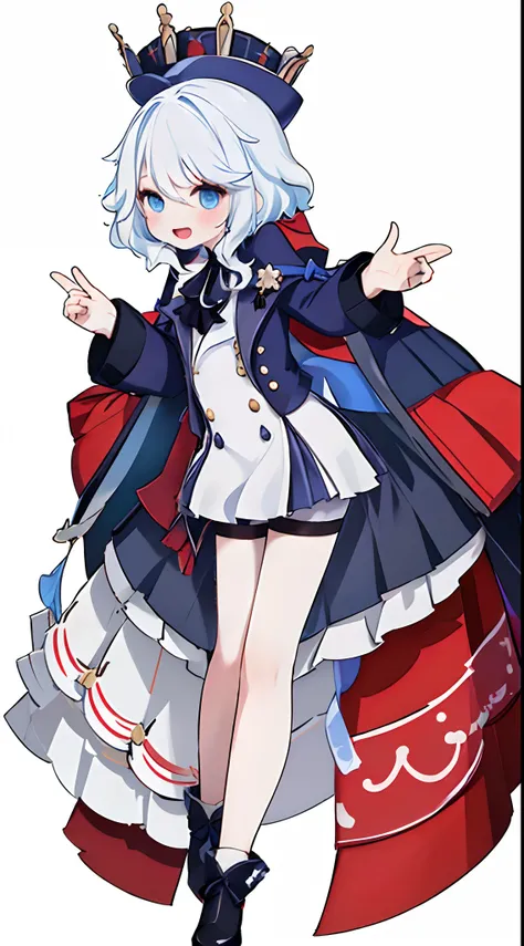 1girll, Solo, whaite hair, Blue eyes, Short hair，White hair，High hat, shirt, Open mouth, Smile, red colour，Wear a red Lolita dress。Red tight dress，Hood, Jacket, view the viewer, kazami yuuka, Long sleeves, bangs,shorter pants，black pantyhoses，Hand in pocke...