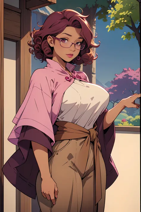 Solo, female, standing, looking at viewer, (((tan skin))), fantasy village, light pink linen tunic, indigo cloak, magenta accents, pants, (dark maroon hair, curly hair, medium hair), glasses, big breasts, pink lipstick