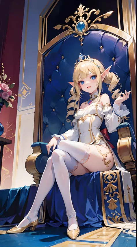 best qualtiy，tmasterpiece，超高分辨率，Elven Palace，(From below)，diadems，Elf long ears，Long white dress，1Blittle girl,(8 years old)，cinmatic lighting，(((twin drills))),blond hairbl，Blue eyes，Female imps，Laughing mockingly，sitting on an royal throne，Jirou legs，Lon...