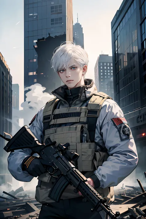 1 boy, Perfect male body, Eyes look at the camera,(White hair, Wear tactical gear, AK47 in hand, Cold face, Tall body, Detailed face, Detailed eyes), Collapsed cities, Smoke and fog , Collapsed building, broken streets,