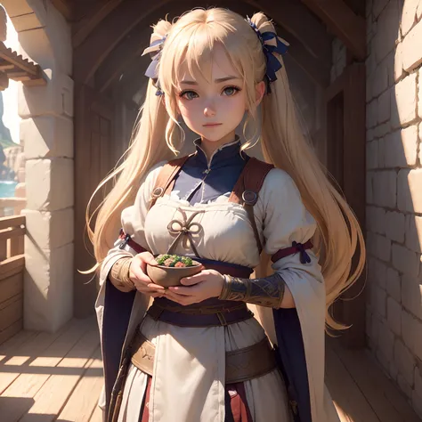 (the Extremely Detailed CG Unity 8K Wallpapers), most beautiful artwork in the world, 1girl in, Upper body,Petite girl with blonde twin tails,Medieval,siesta,Daytime,A slight smil,Look at viewers,((Whitewashed Wall Adventurers Tavern)),Mediterranean seasid...