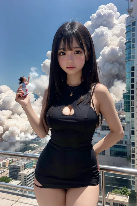 menina giantess, usando vestido saia plissada curta muito curta, GTS cidade do ano 3333, City buildings, smoke billowing, nuvem, raios, vento, realistic lighting, salto em altura, de baixo, aves voando,