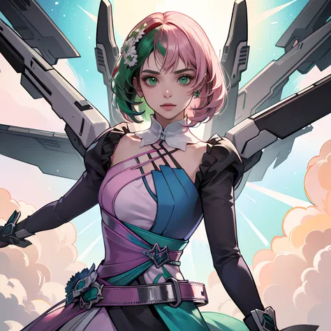 Alisa Rosto bonito, Symmetrical perfect green eyes, cabelo curto rosa multicor, mechanical wings, Tekken, SFW, master part, delicado, elegante, best quality, circunstanciado, circunstanciado, colorido, detalhes intrincados