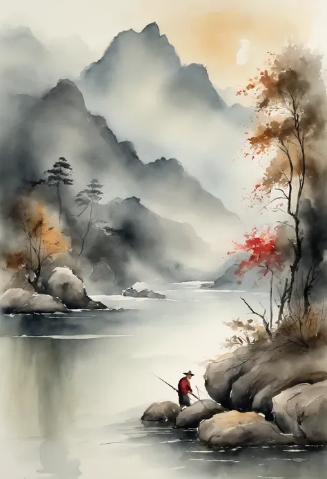 scenecy，Chinese ink painting style，Tranquil river，An old fishing man on the shore，Mountains loom in the distance，Foggy。