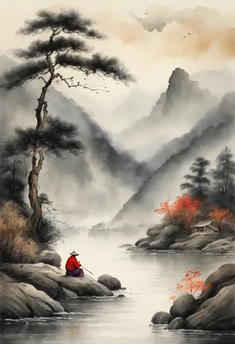 scenecy，Chinese ink painting style，Tranquil river，An old fishing man on the shore，Mountains loom in the distance，Foggy。