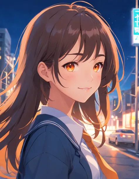 Masterpiece, Best quality, character design, high girl, light Orange eyes, Brunette, long hair, teen, thight school uniform, slithly smilling, ebony, spanish