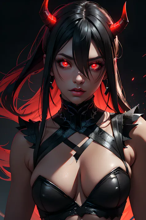 female demon, black background, red energy magic, red glowing eyes, black skin, dynamic pose, kawaii, fit build, gorgeous perfect face, in the style of realistic and hyper detailed renderings, zbrush, hyper realistic oil, contoured shading, dark scene, dar...