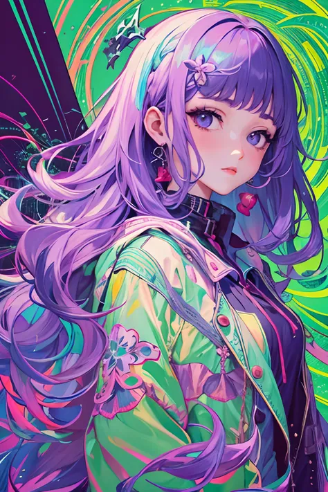 ​masterpiece、top-quality、ultra-detailliert、Official art、Beautifully Aesthetic、1girl in、glitch art:1.5、colourfull:1.5、purple color  hair、Long