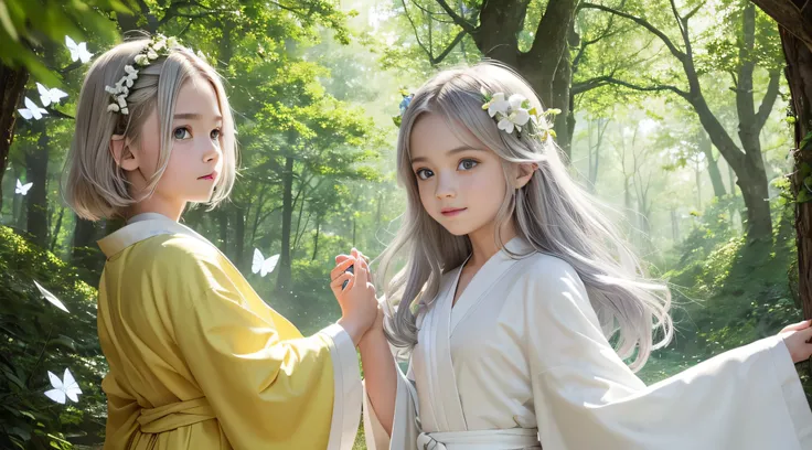 Fairy children, The upper half of the body is visible, High Angle, Look up at the sky, perfect faces, Face depictions, Depicting specific faces, Body and face at a glance, (1Boy:1.3), (1GIRL:1.3), child, A boy, , (10 years old:1.3), Gorgeous hair color, Si...