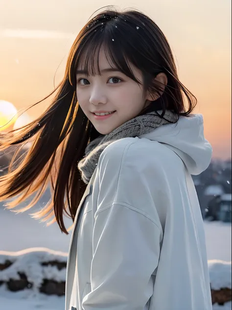 (Close up portrait of one slender girl has long hair with dull bangs in winter uniform with white winter coat and a gray scarf:1.5)、(One girl looked back with small smile and her hair fluttering in the wind:1.3)、(Beautiful snowy sunset red sky:1.5)、(Perfec...