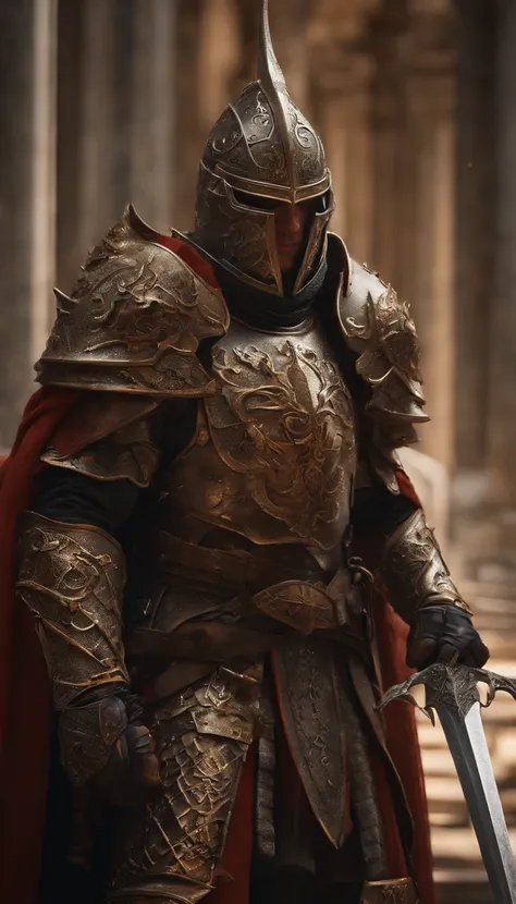 (Best quality,4K,8K,A high resolution,Masterpiece:1.2),Ultra-detailed,(Realistic,Photorealistic,photo-realistic:1.37),A sword-wielding demon armor warrior stood in the hall, Full body portrait of the mysterious knight, Wearing heavy armor，Behind him is a b...