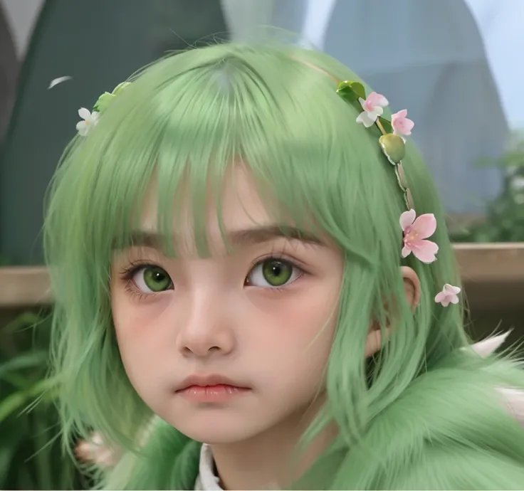 close up of young boy, with green hair and green eyes, wears two sakura hairclip, has empty eyes, frowning expression, sad face, has tan skin, a driad, wears leaf shaped fur on the shoulder, neck lenght hair, hair covering ears, blunt bangs, young male, sh...