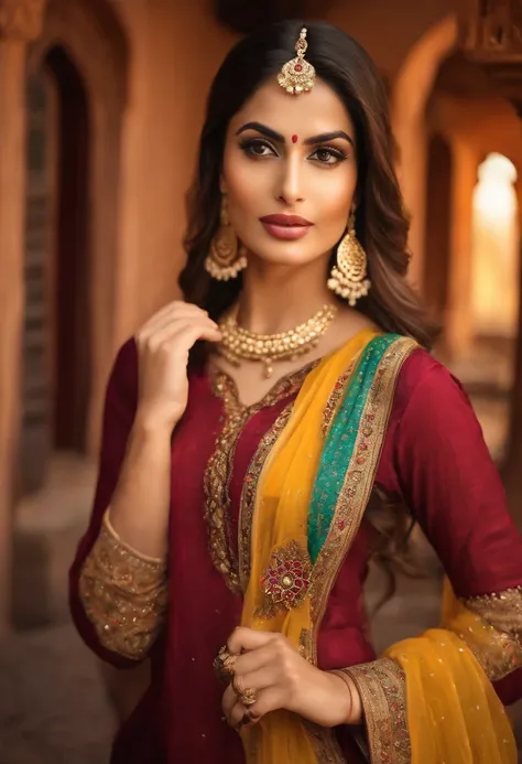 (best quality,4k,8k,highres,masterpiece:1.2),ultra-detailed,realistic, Punjabi girl with beautiful features in traditional attire [Punjabi girl,traditionally dressed girl], wearing a vibrant and intricately designed kurta [vibrant kurta, intricately design...