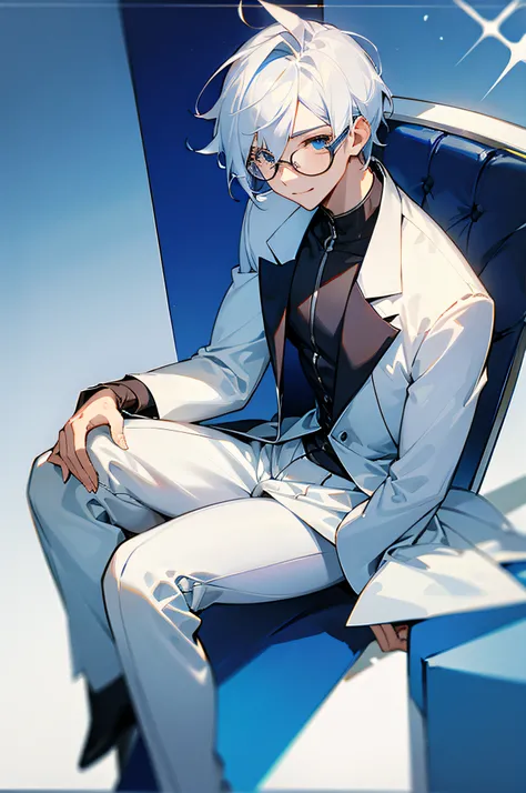 16k,male people，Blue-white hair，White suit。Square frame glasses，Sit Pose，Sunny and cheerful。