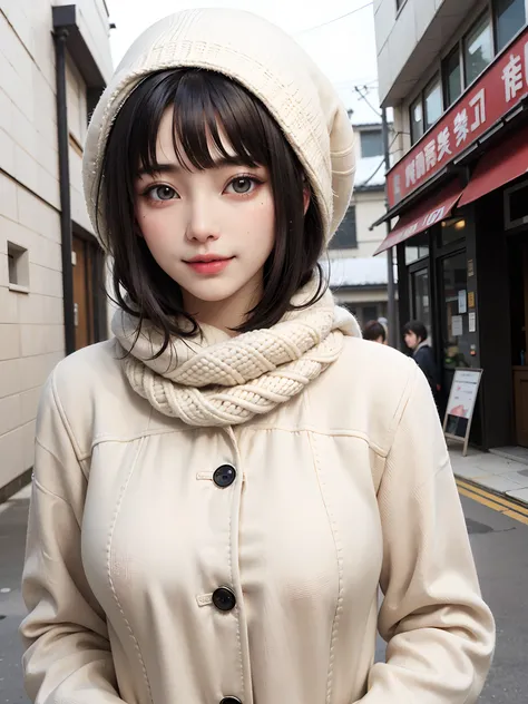 (masutepiece, top-quality),1girl in, 独奏, Black lustrous hair, scarf, Hats,, realisitic, looking at the viewers, black eyes of light color, shorth hair, coat, Winter clothes, White headscarf, s lips, lipgloss，bangss,, a closed mouth, The upper part of the b...