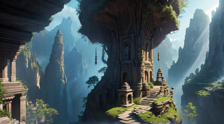 hidden dragon nest in the cliffs, mystical essence, ancient architecture, lush vegetation, majestic mountains, cascading waterfalls, intricate rock formations, mysterious mist, vibrant colors, dramatic lighting, magical aura, mythical creatures, ethereal a...