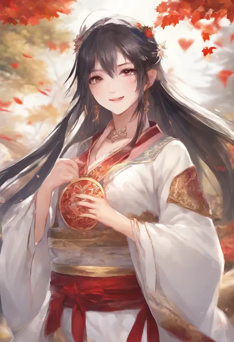 Best quality, masutepiece, 超高分辨率, (Realistic: 1.4), xiuxian, Smiling, Shy, nabel, Delicate makeup, Gorgeous jewelry, Horse face dress, Detal Face,, 1 girl, White clothes, Lotus print, Maple leaf print, Solo, arma, (Magical Circle: 1.2), xiuxian, Upper body...