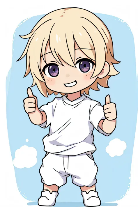 Very cute and cute little anime boy、((Chibi no Deformed Boy))、cute smile face、a blond、white  shirt、cute  face、without background、full body Esbian、is standing、very detailed face and eyes、Clearly outlined、独奏、((Thumbs-up pose))