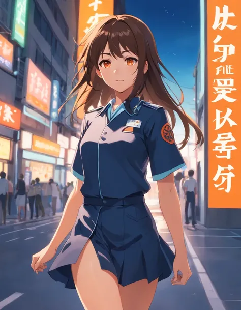 masutepiece, Best Quality, Character Design, High Girl, Light orange eyes, brunette, Long hair, Teen, Thigh Uniform, Sly milling, Black skin, spanish