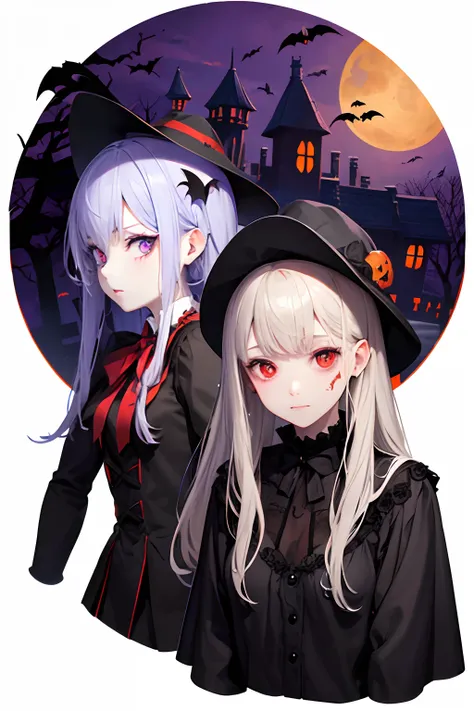 Halloween、Beautiful vampire girl and zombie girl２a person、High school students、Pumpkin Ghost、Vampire House、the bats、２a person、gazing at viewer