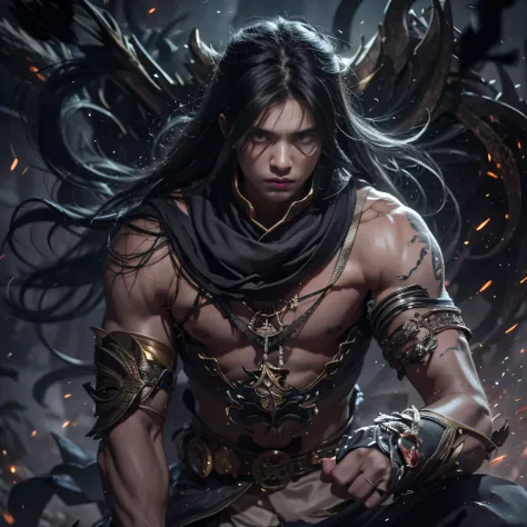 （Explosive ruins）eyes filled with angry，He clenched his fists，Rush up，Deliver a fatal blow to your opponent，full bodyesbian，Full Body Male Mage 32K（tmasterpiece，k hd，hyper HD，32K）Long flowing black hair，Campsite size，zydink， a color， patriot （废墟）， （Linen b...