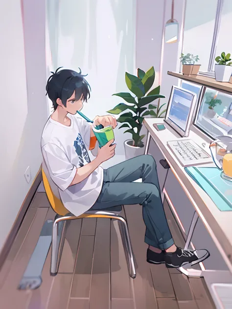 anime boy sitting at a desk with a laptop and a drink, lofi artstyle, by Yuumei, lofi portrait, digital anime illustration, anime aesthetic, lo-fi illustration style, lofi art, modern anime style, anime artstyle, high quality anime artstyle, artwork in the...