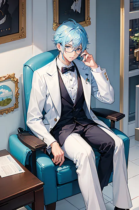 16k,male people，Blue-white hair，White suit。Square frame glasses，Sit Pose，Sunny and cheerful。