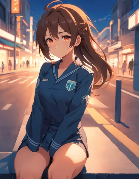 Sit up,masutepiece, Best Quality, Character Design, High Girl, Light orange eyes, brunette, Long hair, Teen, Thigh Uniform, Sly milling, Black skin, spanish