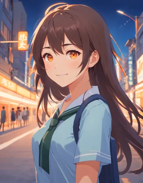 Masterpiece, Best quality, character design, high girl, light Orange eyes, Brunette, long hair, teen, thight school uniform, slithly smilling, Tanned, spanish