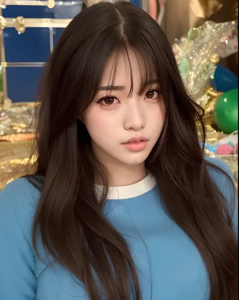 A closeup of a woman with long hair and a blue sweater, Ulzzang, tzuyu de duas vezes, franja de cortina, Lalisa Manobal, cabelo castanho com franja, Retrato de Jossi de Blackpink, Retrato Jisoo Blackpink, cabelo longo castanho com franja, Jinyoung Canela, ...