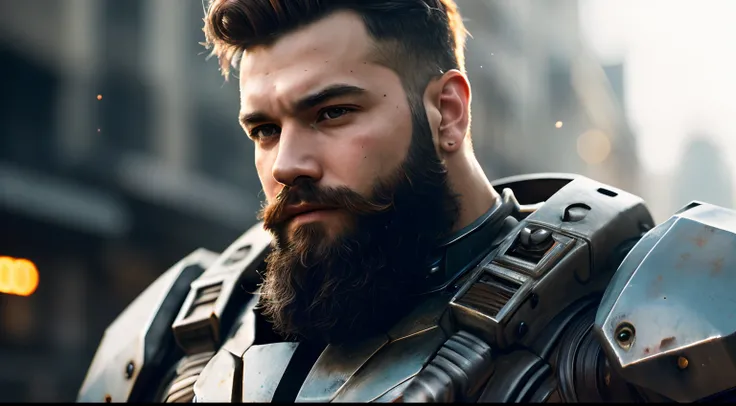 Portrait photo of muscular bearded guy in a worn mech suit, ((light bokeh)), intricate, (steel metal [rust]), elegant, sharp focus, photo by greg rutkowski, soft lighting, vibrant colors, masterpiece, ((streets)), detailed face