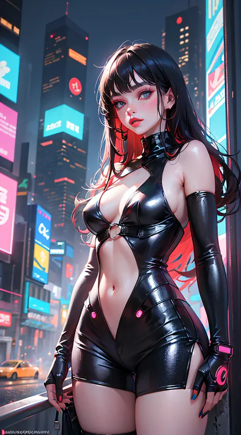 A girl, long hair, half picture, city, future, cyberpunk, science fiction, black silk, shorts, night scene, midnight, blue light, neon, night, delicate features, beautiful girl, beauty, charming,fashi-girl,red lips,realistic,makeup, sexy pose