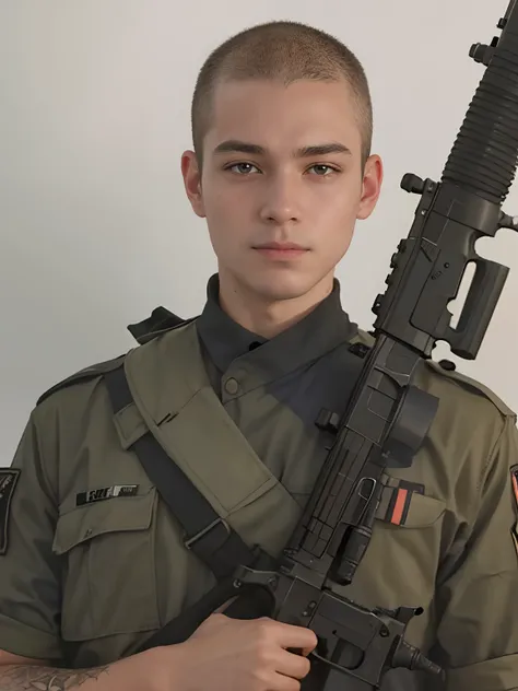 Shaved head, Soldat avec son fusil, Epic Portrait. armed.