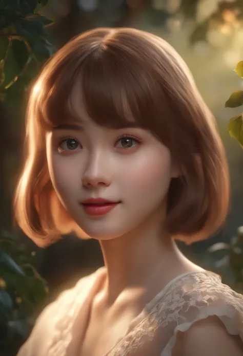 4k ,ultra high res ,(photo realistic: 1.5) ,detailed face ,1 girl ,looking at viewer, bob cut ,natural ,detailed face ,cute ,kawaii, nature ,large cloth ,night nature, a bright spot,Noble attire,