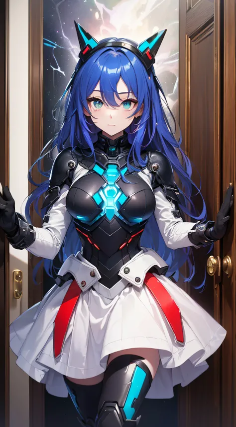 top-quality、Top image quality、​masterpiece、Android Girl((sixteen years old,My whole body is full of wounds、Broken cybersuit glowing black, red and white、Blue energy source for the chest,Best Bust、Bust 90、Light blue shiny hair、Longhaire,Cyber Skirt、Blue-gre...