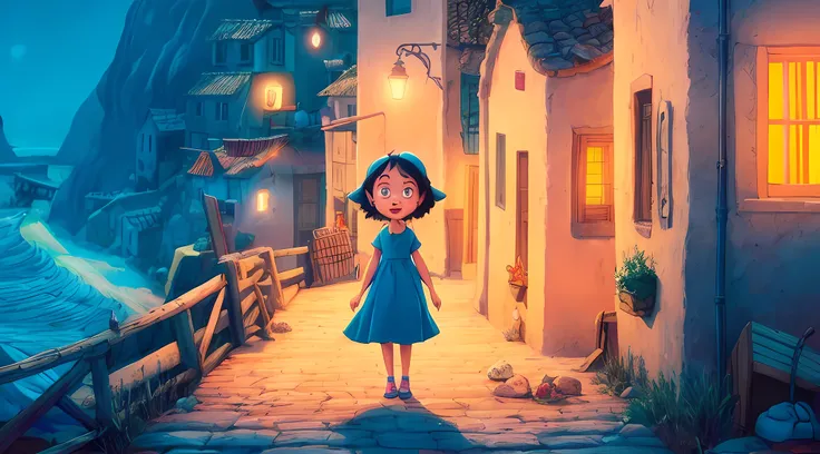 Cartoon girl standing waving for happy camera on a stone path in a village at night, animated film, animation film, animation movie still, animation film, cena de filme animado, in style of disney animation, 3 d animated movie, painting digital adorable, p...