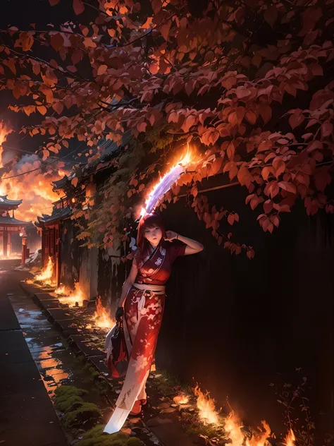 The background is a temple in the Japan that is in flames.、midnight、red hairs、Woman in white kimono holding Japan sword、Women are also burning