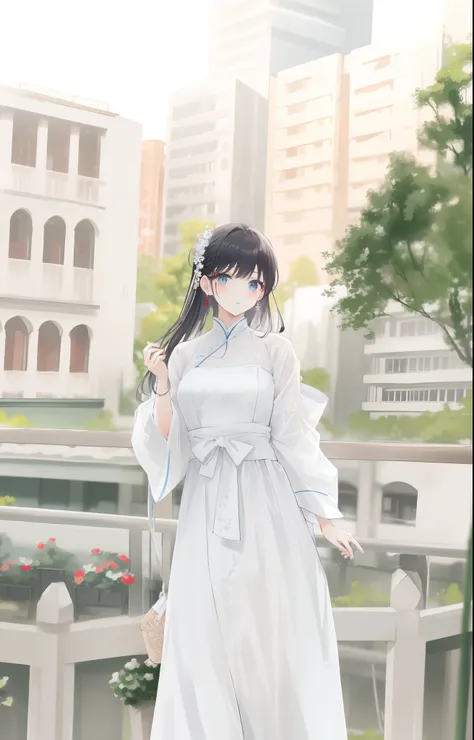 (blurry:1.3), a woman in a white dress standing on a balcony with a city in the background, white hanfu, white hime cut hairstyle, dressed with long fluent clothes, ulzzang, loli in dress, white trendy clothes, wearing a white flowing dress, palace ， a gir...