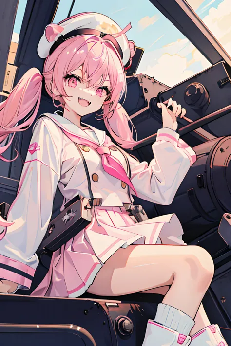 anime girl, pink hair, twin tails, pink eyes, skin fangs, smiling, excited, general coat, captain hat, sailor hat, riding a tank,pink and white coat, white boots, white skirt, sky, sunny, tank turret, tiger tank,