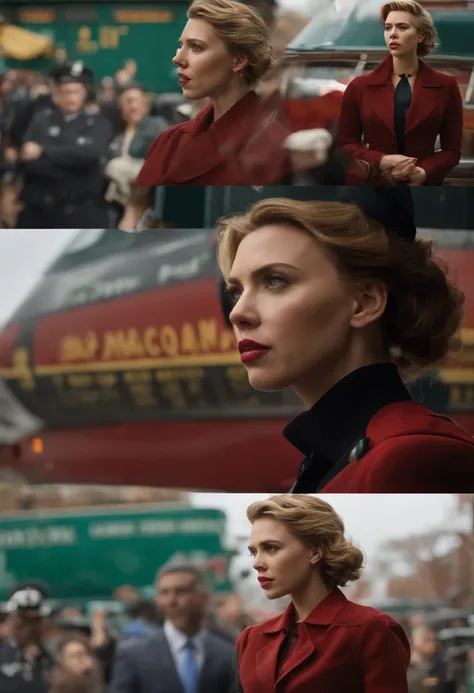 atriz scarlett johansson vestida como a personagem da mulher maravilha o ultra realista no meio da cidade de nova york com a corda da verdade na sua mao direita cercada de policiais americanos apontando arma pra ela