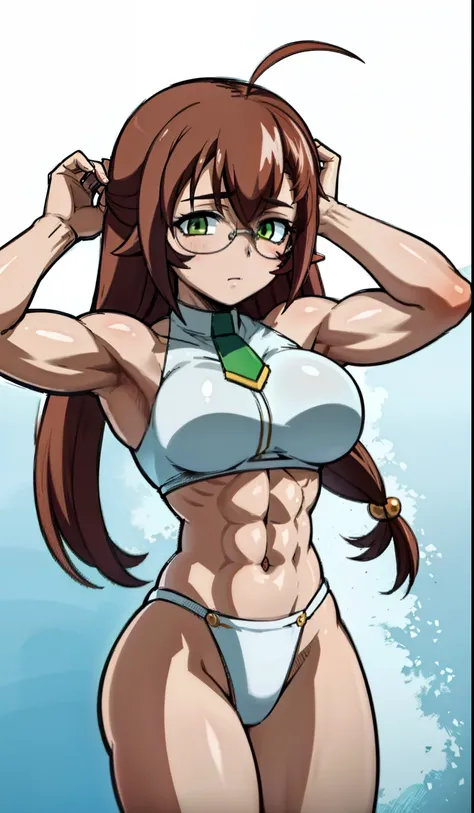 1girl in, masterpice, High quality, Best Quality, 4K, Solo, nffsw, Unity,  Brown hair,Very long hair, Green eyes, Hair Ornament, Large breasts, Glasses, good body, Perfect body, Outdoors, Dynapose ™, Cute Pose, (muscular,)