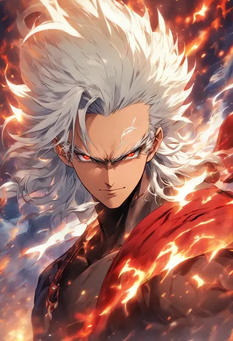 a male anime character with white hair and red eyes, character album cover, full art, antasy character, full art illustration, full portrait of elementalist, character profile art, official character art, official character illustration, merlin, high detai...