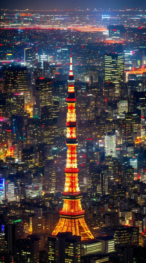 illuminated tokyo tower highly detailed shot from above SIGMA 85 mm F1.4 award winning cinematic scene cinematic composition cinematic lighting