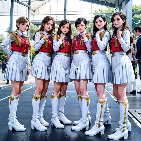 Four girls in uniform taking pictures with their coats, 8K)), magic uniform university, 🚿🗝📝, 8K!!, 8K!, tokusatsu, toei, SSAO 8 K, JK Uniform, captured on canon eos r 6, White uniform, Seifuku, by Sailor Moon, 🐝👗👾