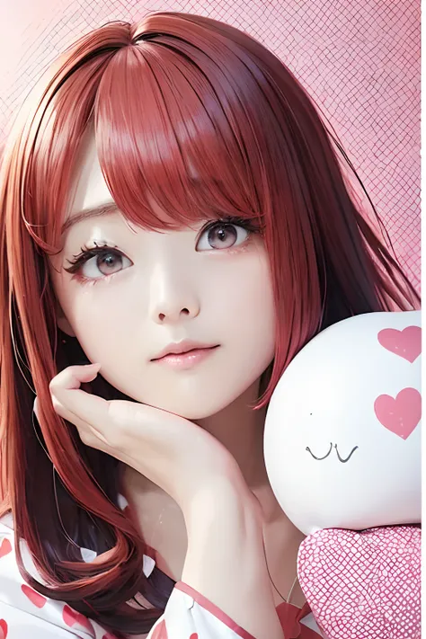 Rise to the top of the head、black backgrounds、White and pink heart print pajamas、front facing、an oil painting、​masterpiece、top-quality、front facing、hight resolution、(((Red hair)))、Black background、bobhair、(((White and pink heart print pajamas)))、femele１a p...