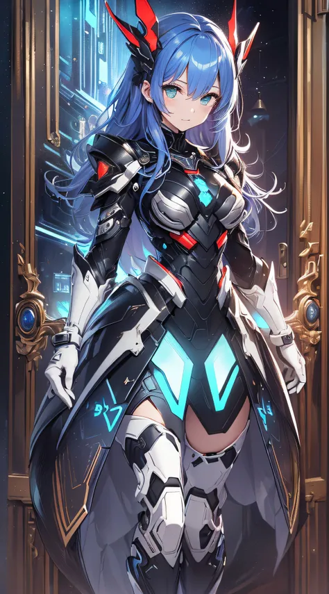 top-quality、Top image quality、​masterpiece、Android Girl((sixteen years old,Full body glowing machine、Cybersuit glowing black, red and white、Blue energy source for the chest,Best Bust、Bust 90、Light blue shiny hair、Longhaire,Cyber Skirt、Blue-green eyes、open ...