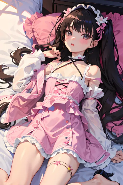 （​masterpiece，Highest Quality），(child)，a miniskirt，Pink Lolita Clothes，(A dark-haired，Twin-tailed)，embarrassed from，Delicate body，petite body，Shoulder