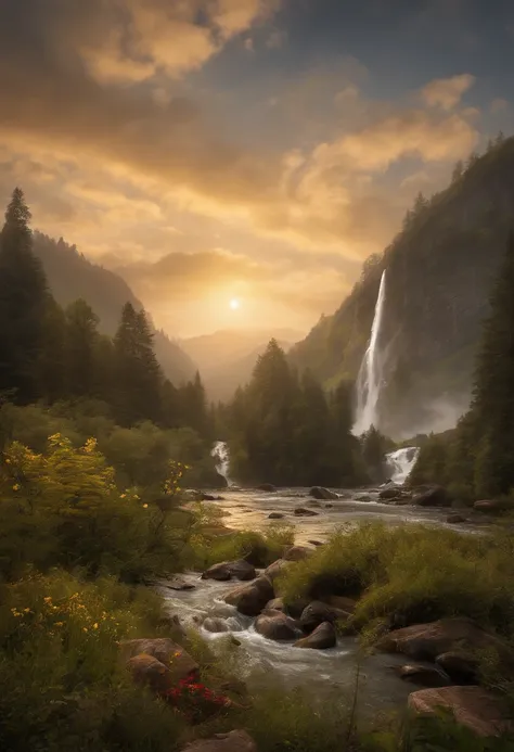 A mesmerizing landscape with lush green mountains, a flowing river, and a cascading waterfall, bathed in soft golden sunlight. The scene should evoke a sense of tranquility and harmony. High-resolution digital painting by Bob Ross and Thomas Kinkade, trend...