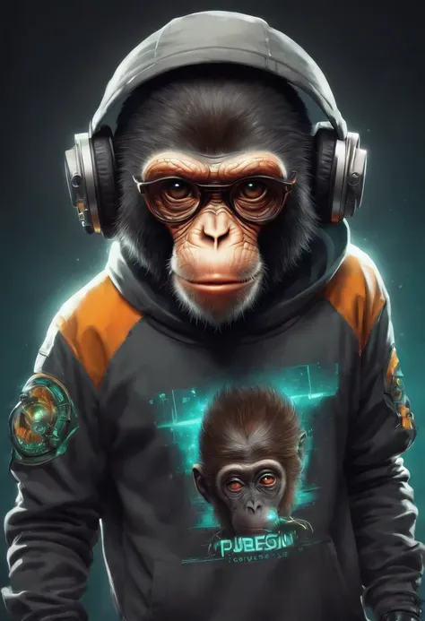 Una figura de mono futurista fumando Marijuana , con luces en los ojos, surrounded by vector t-shirt design with a burger in hand Ready to vibraprint, Illustration of the cyberpunk monkey, perfil, sticker, Fondo blanco limpio, vector profesional, High deta...